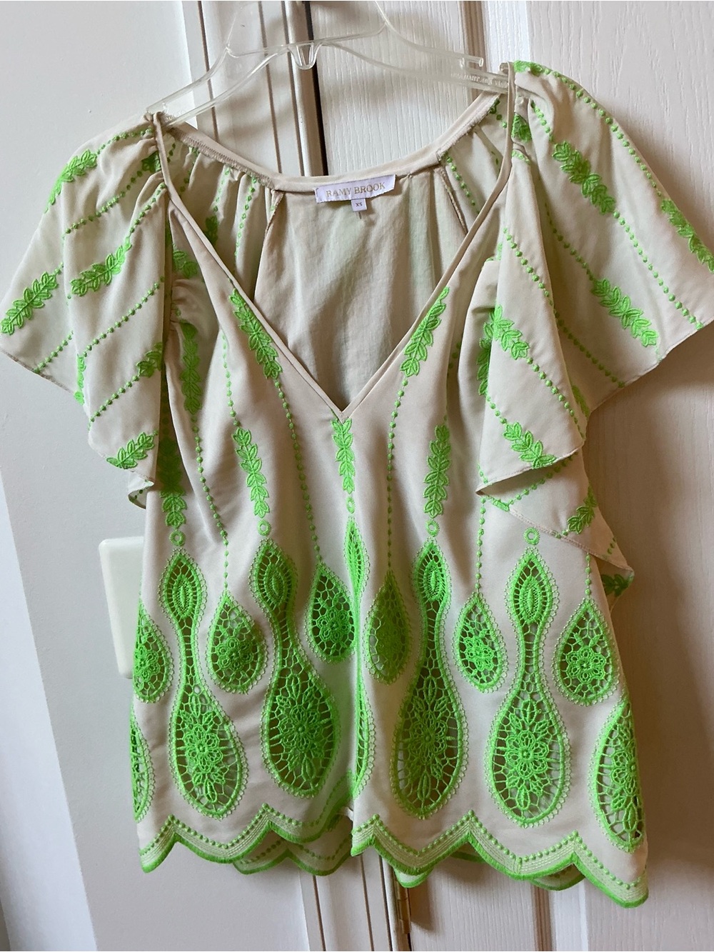 RAMY BROOKE BETTIE EMBROIDERED GREEN SHORT SLEEVE TOP BLOUSE